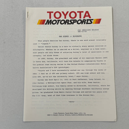 1989 Toyota Motorsport Racing Press Kit Dan Gurney Willy T Ribbs Fangio II