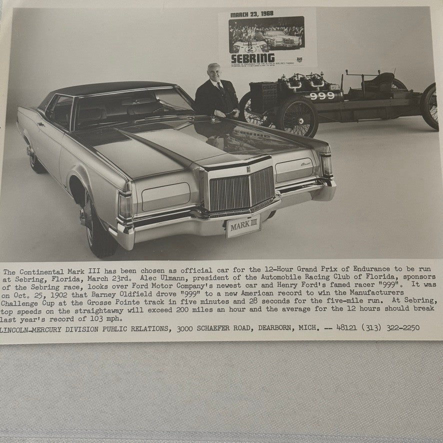 Lincoln Continental Mark III Vintage Press Photo Photograph Car Sebring 1968