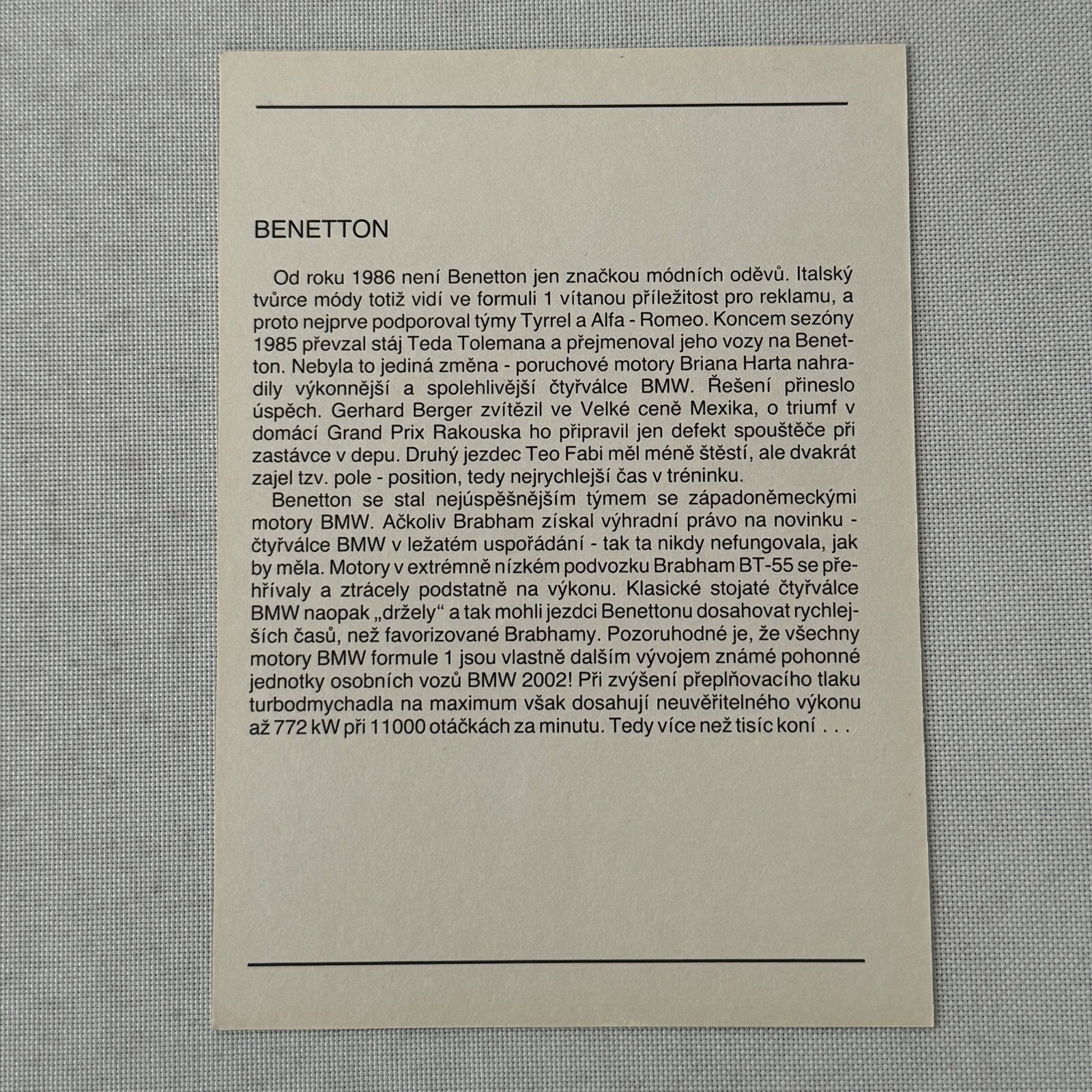Benetton Formula One F1 Racing Card Postcard BMW POLISH Text