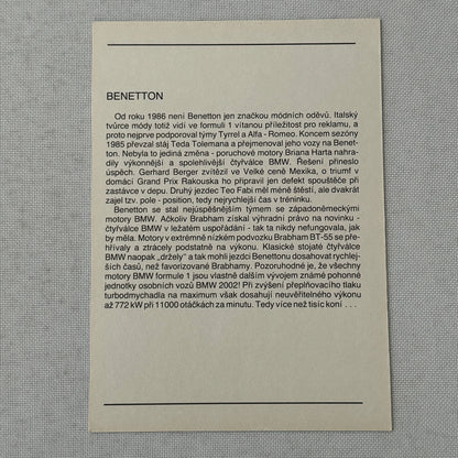 Benetton Formula One F1 Racing Card Postcard BMW POLISH Text