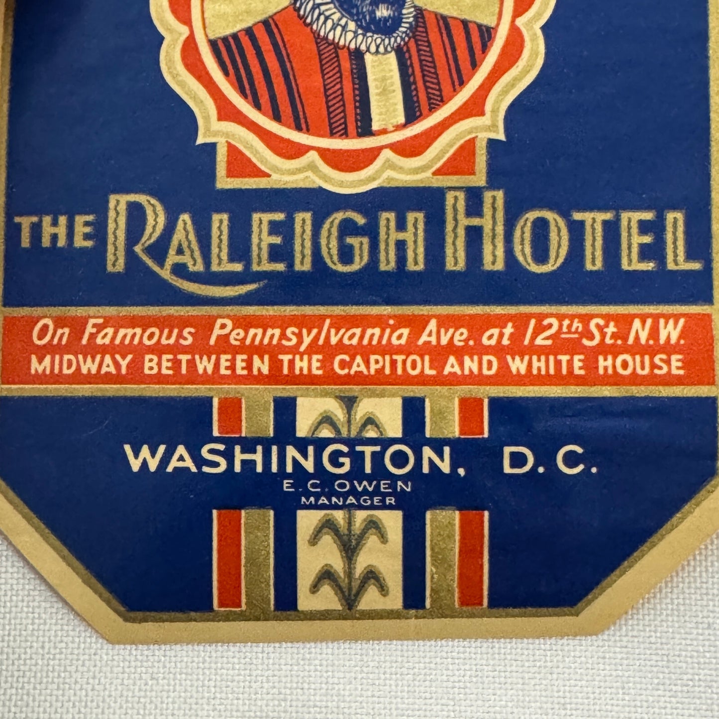 Vintage Travel Luggage Label The Raleigh Hotel Washington DC Pennsylvania Ave