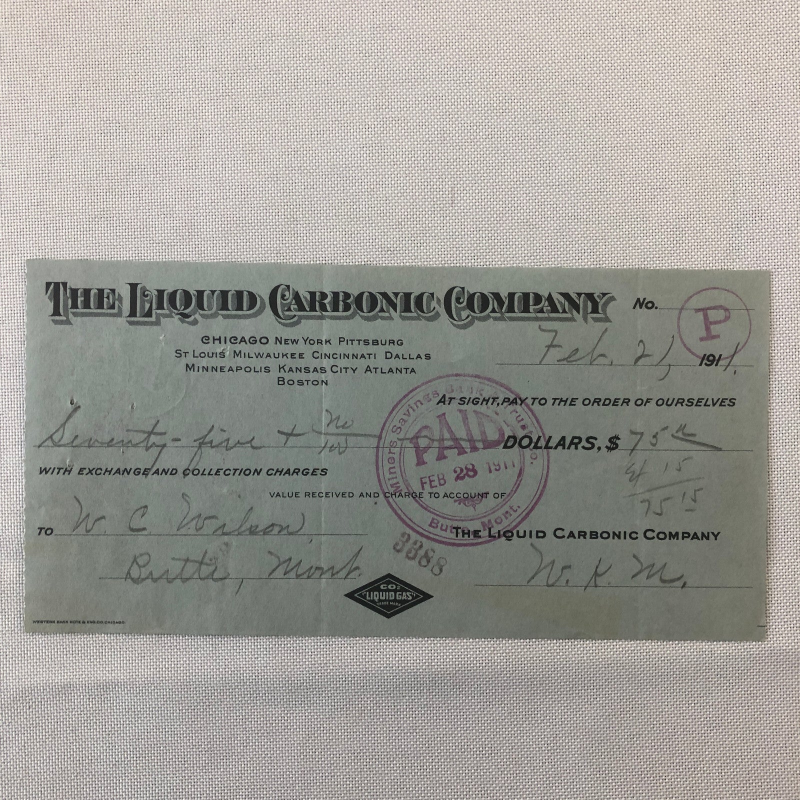 Liquid Carbonic Company Receipt Payment Note Document Ephemera Lot 26x 1911