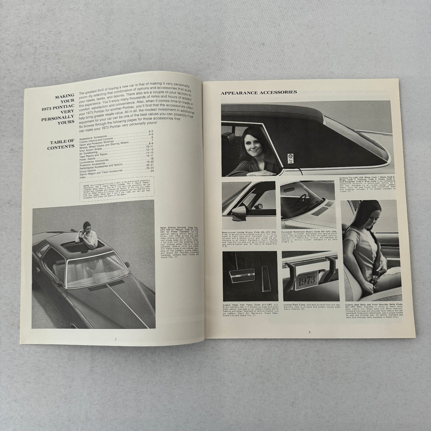 1973 Pontiac ACCESSORIES Sales Brochure Catalog Firebird Ventura GTO Catalina +