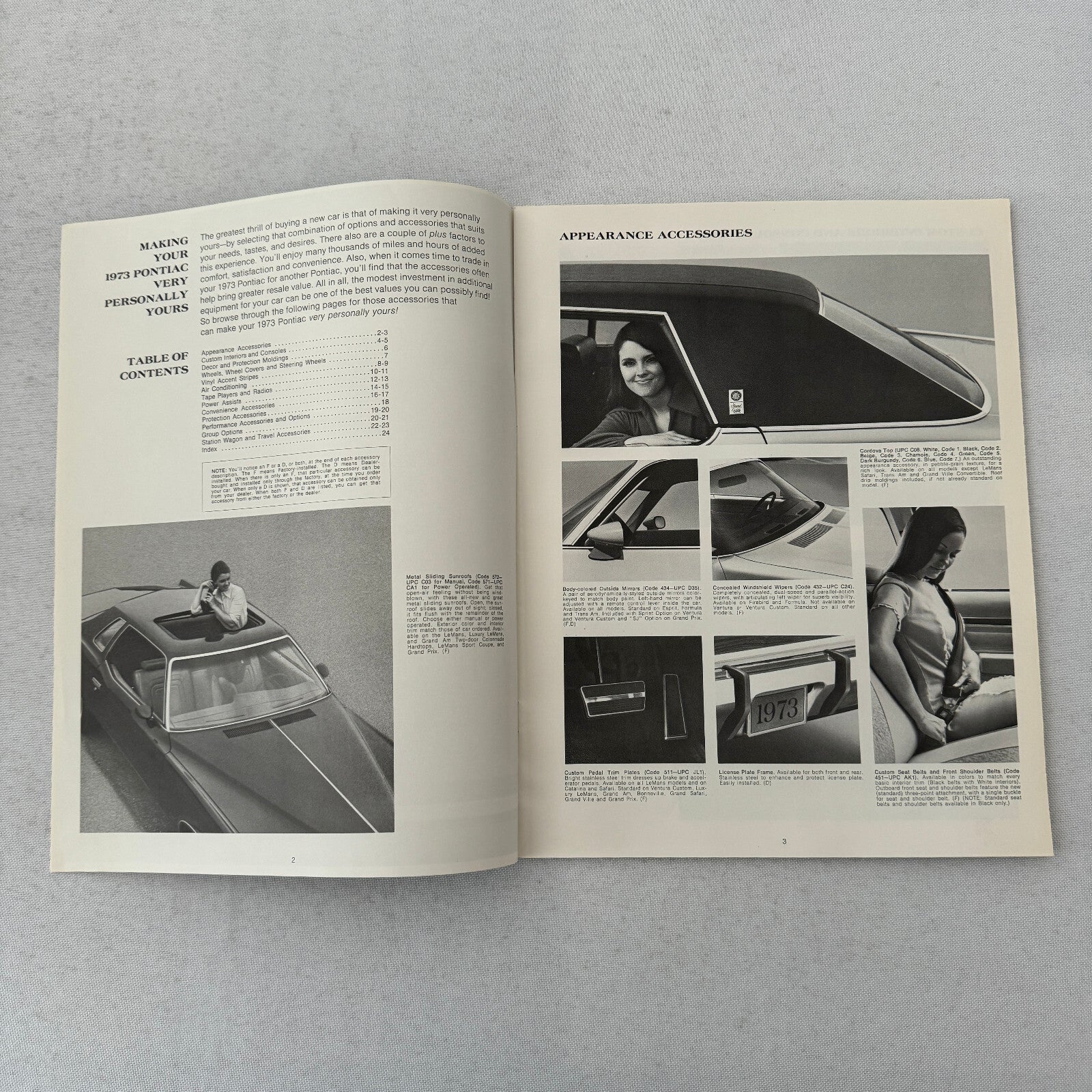 1973 Pontiac ACCESSORIES Sales Brochure Catalog Firebird Ventura GTO Catalina +