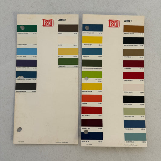 Vintage Lotus Car Paint Chip Color Sample Sheet R-M Rinshed Mason Lot 2x