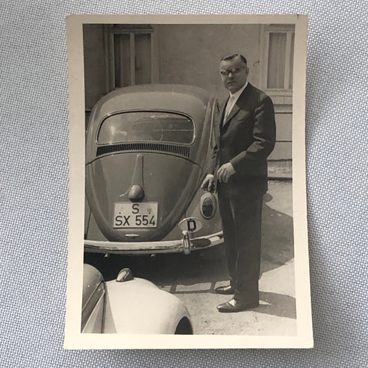 Vintage Photo Photograph Snapshot Man with VW Volkswagen Beetle Bug Car
