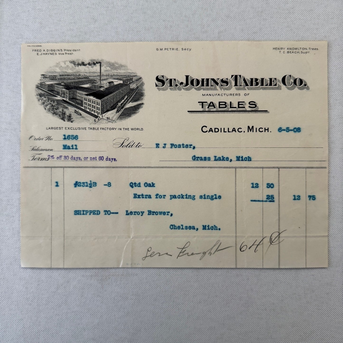 St Johns Table Company Cadillac Michigan 1908 Receipt Invoice Document Antique