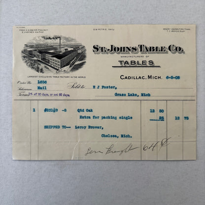 St Johns Table Company Cadillac Michigan 1908 Receipt Invoice Document Antique