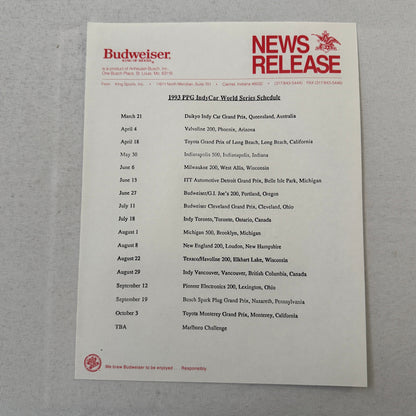 1993 Budweiser King Indy Car Racing Press Kit Roberto Guerrero