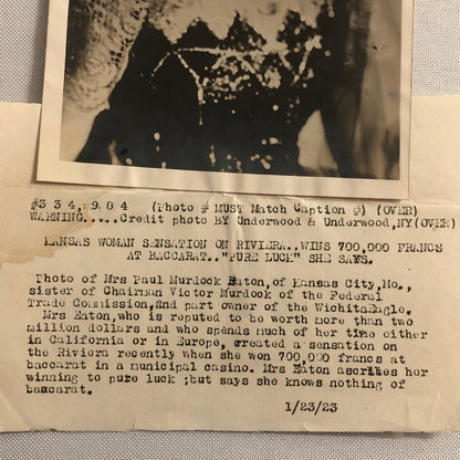 Press Photo Photograph Kansas Society Woman Wins Big at Baccarat Casino 1923