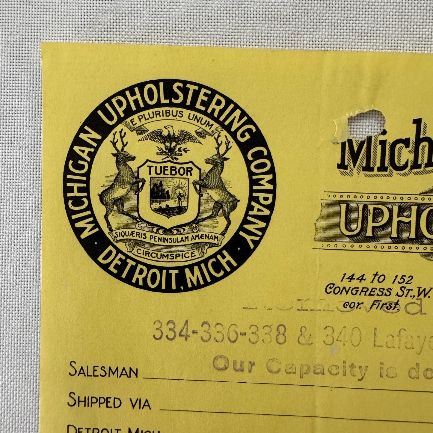 Michigan Upholstering Company Detroit 1908 Receipt Invoice Document Letterhead