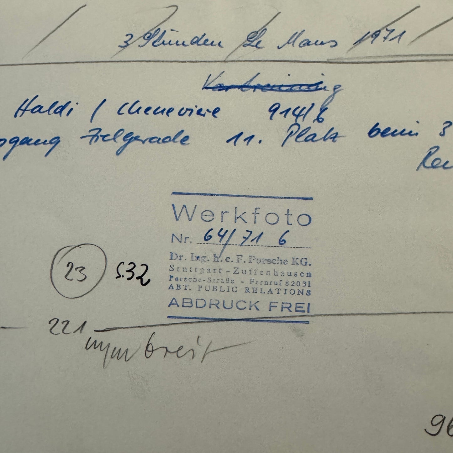 Vintage Porsche Racing Car Photo Photograph 1971 Le Mans Factory Werkfoto