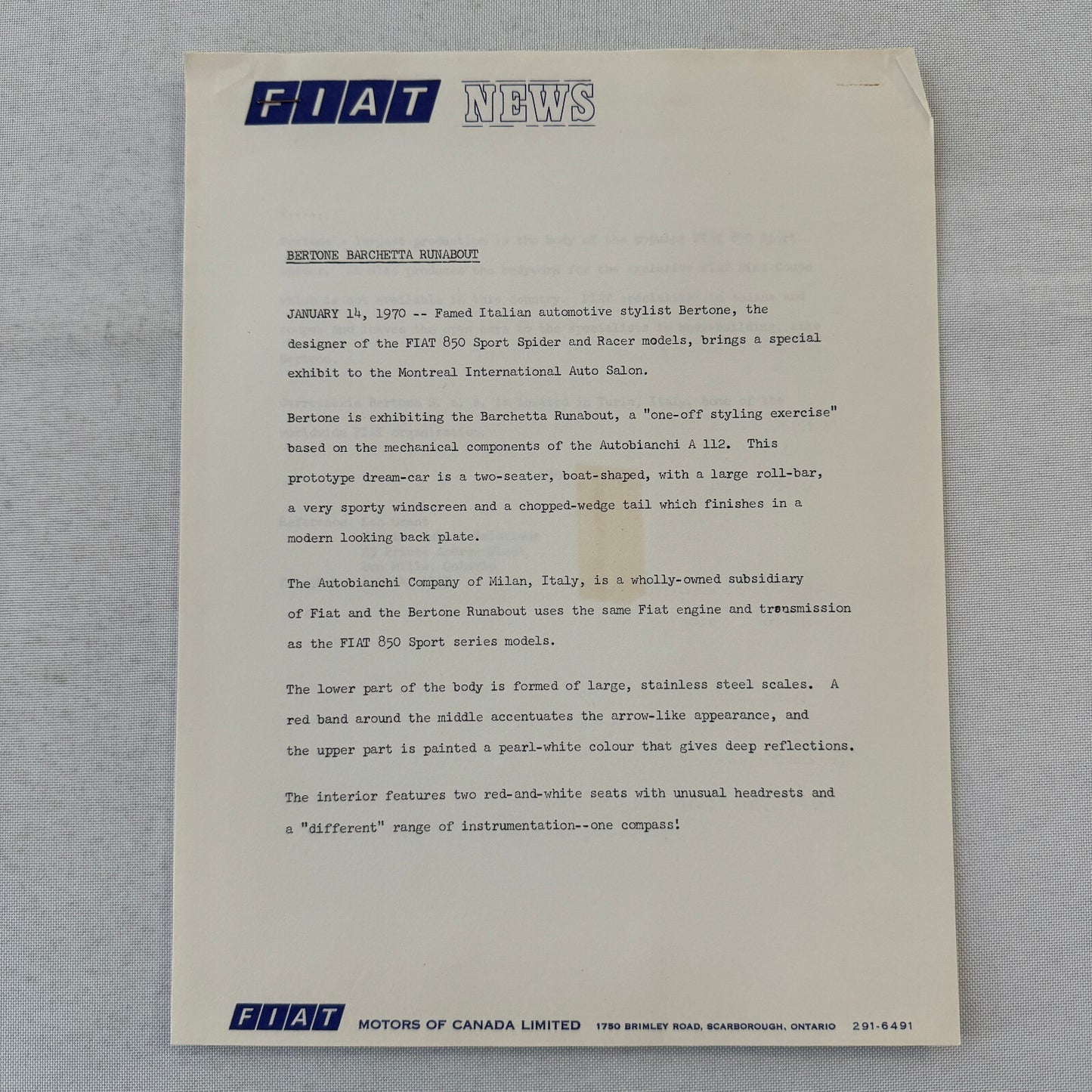 1970 Fiat Press Kit Brochure Photos 124 850 Sport Coupe 124S 850 Sedan