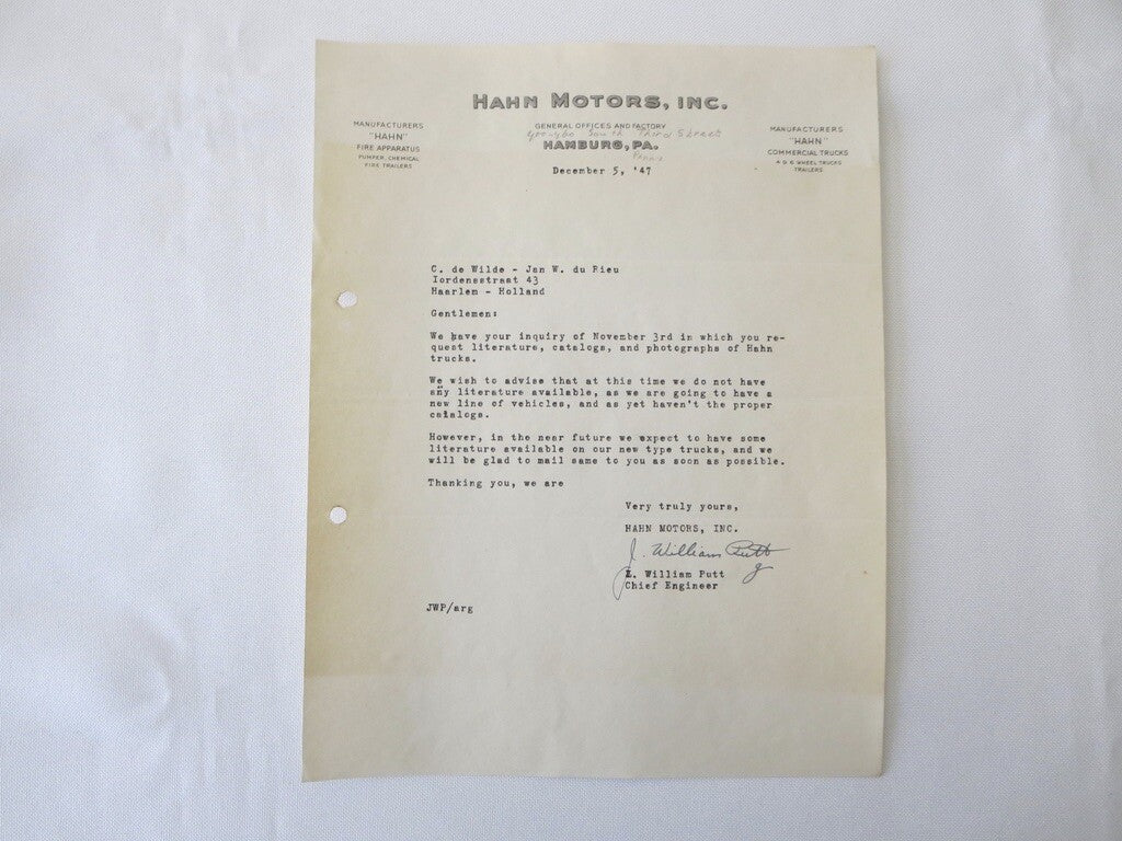 1947 Hahn Fire Aparatus Truck Letter Letterhead Document 