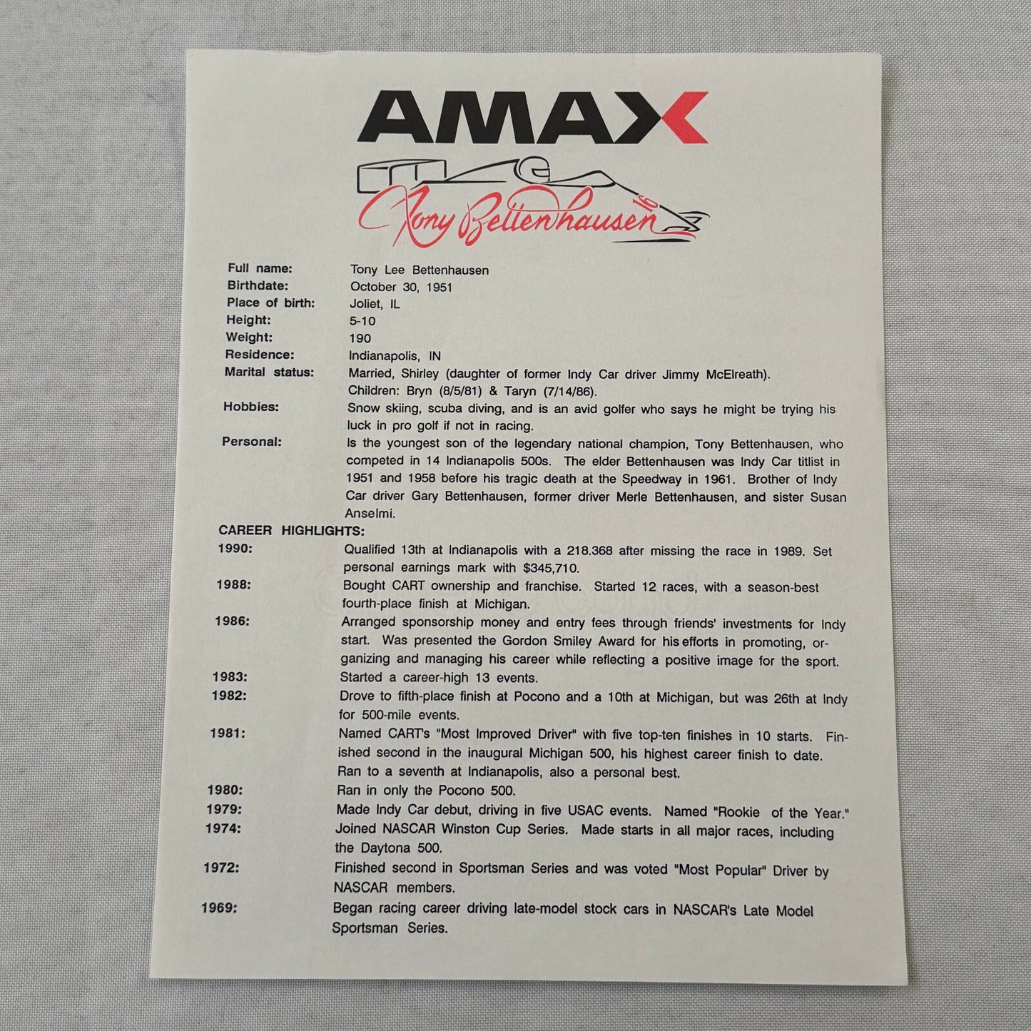 Tony Bettenhausen AMAX Racing Press Kit Brochure Penske Chevy 90 Indy Car