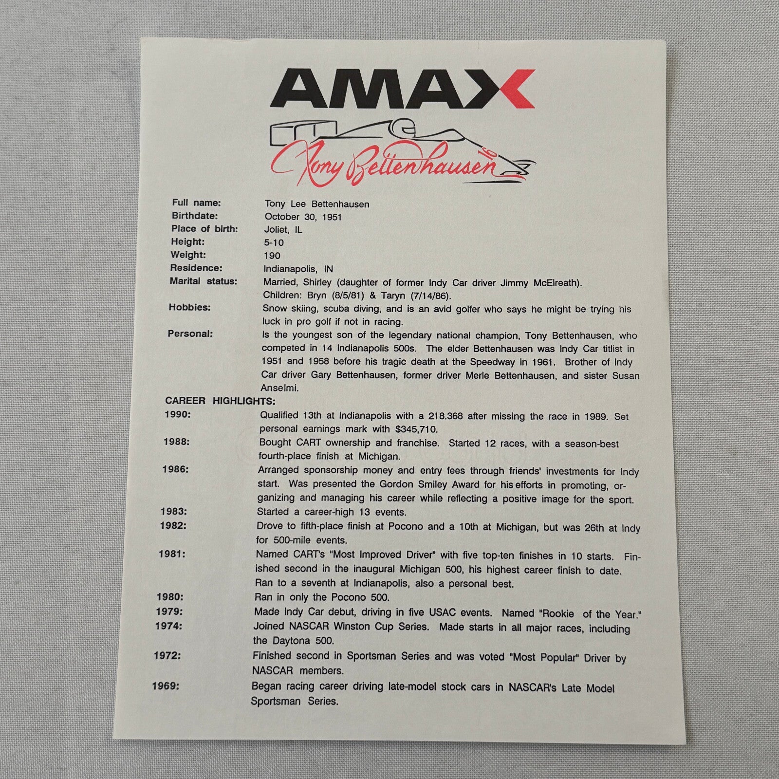 Tony Bettenhausen AMAX Racing Press Kit Brochure Penske Chevy 90 Indy Car