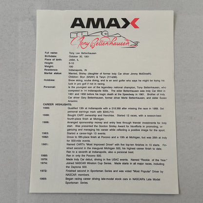 Tony Bettenhausen AMAX Racing Press Kit Brochure Penske Chevy 90 Indy Car