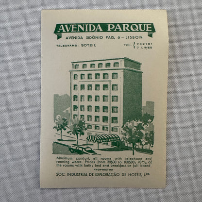 Vintage Hotel Travel Label Avenida Parque Park Lisbon Portugal