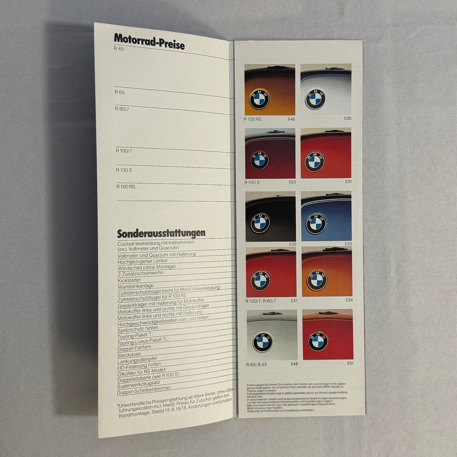 1978 BMW Motorcycle Price and Options Brochure Catalog R65 R100 R80 R45 GERMAN