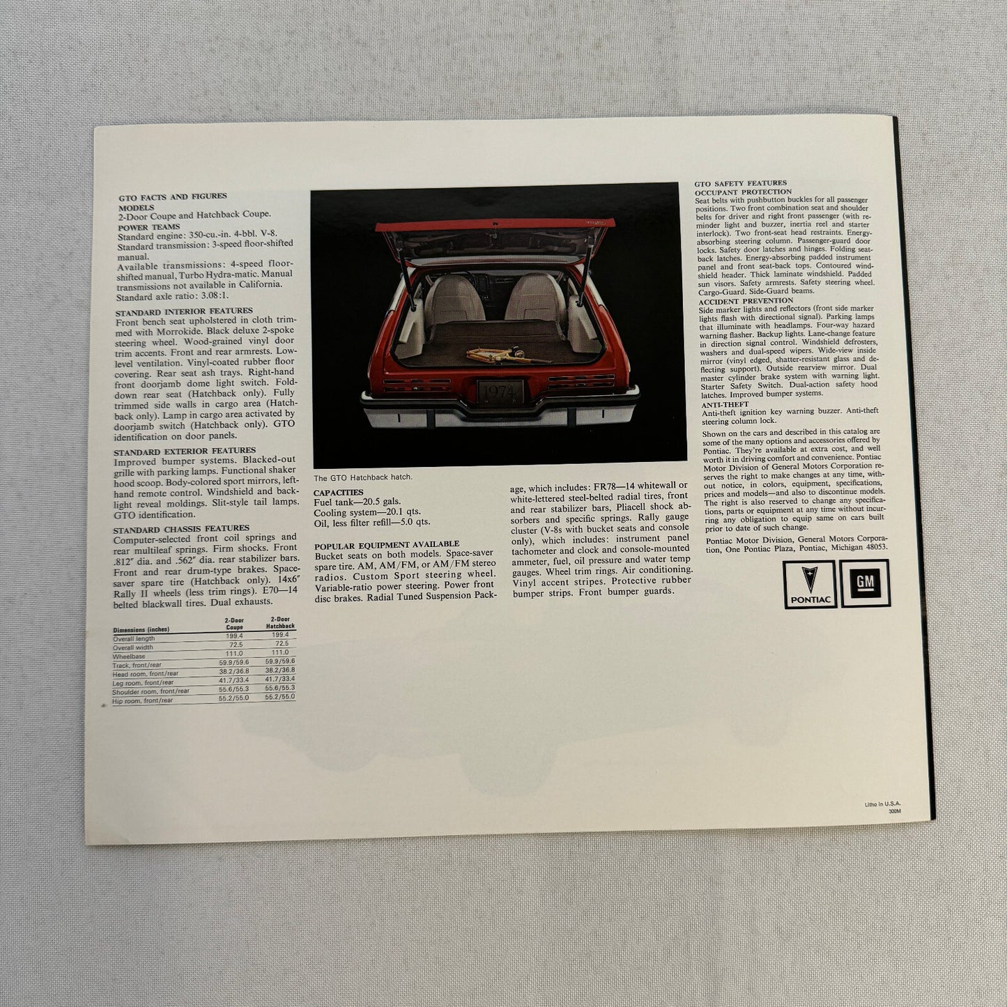 1974 Pontiac GTO Car Sales Brochure Catalog Advertising