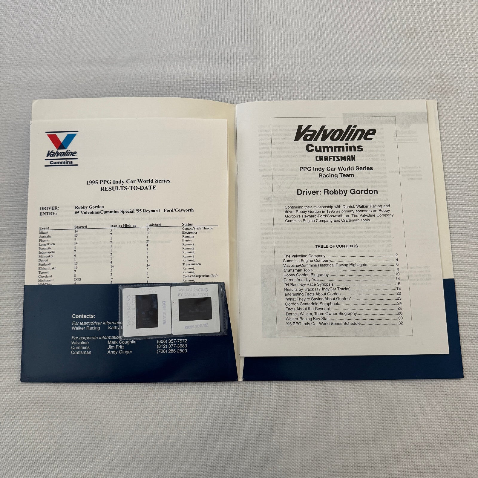 1995 Robby Gordon Valvoline Racing PPG Indy Car Press Kit Brochure 35mm Slides