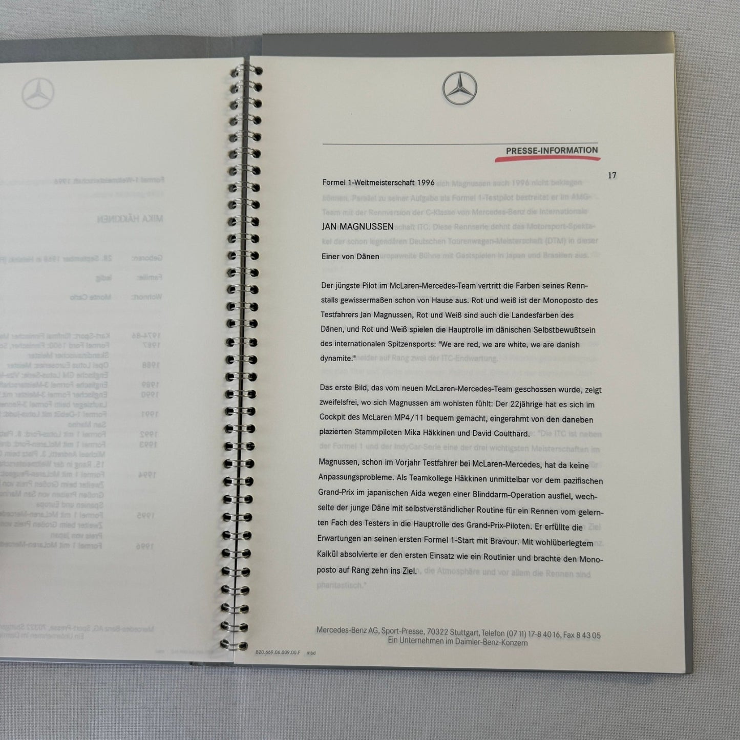 1996 Mercedes Marlboro F1 Formula One Racing Press KIt Mika Hakkinen Coulthard