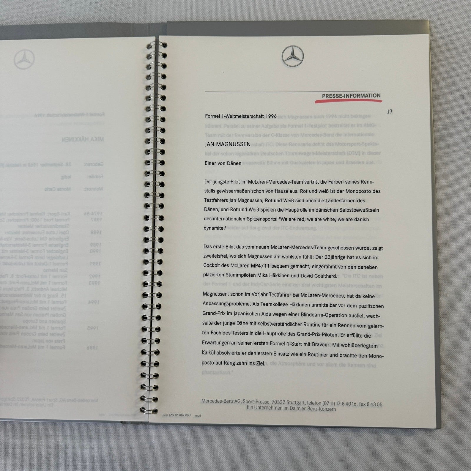 1996 Mercedes Marlboro F1 Formula One Racing Press KIt Mika Hakkinen Coulthard
