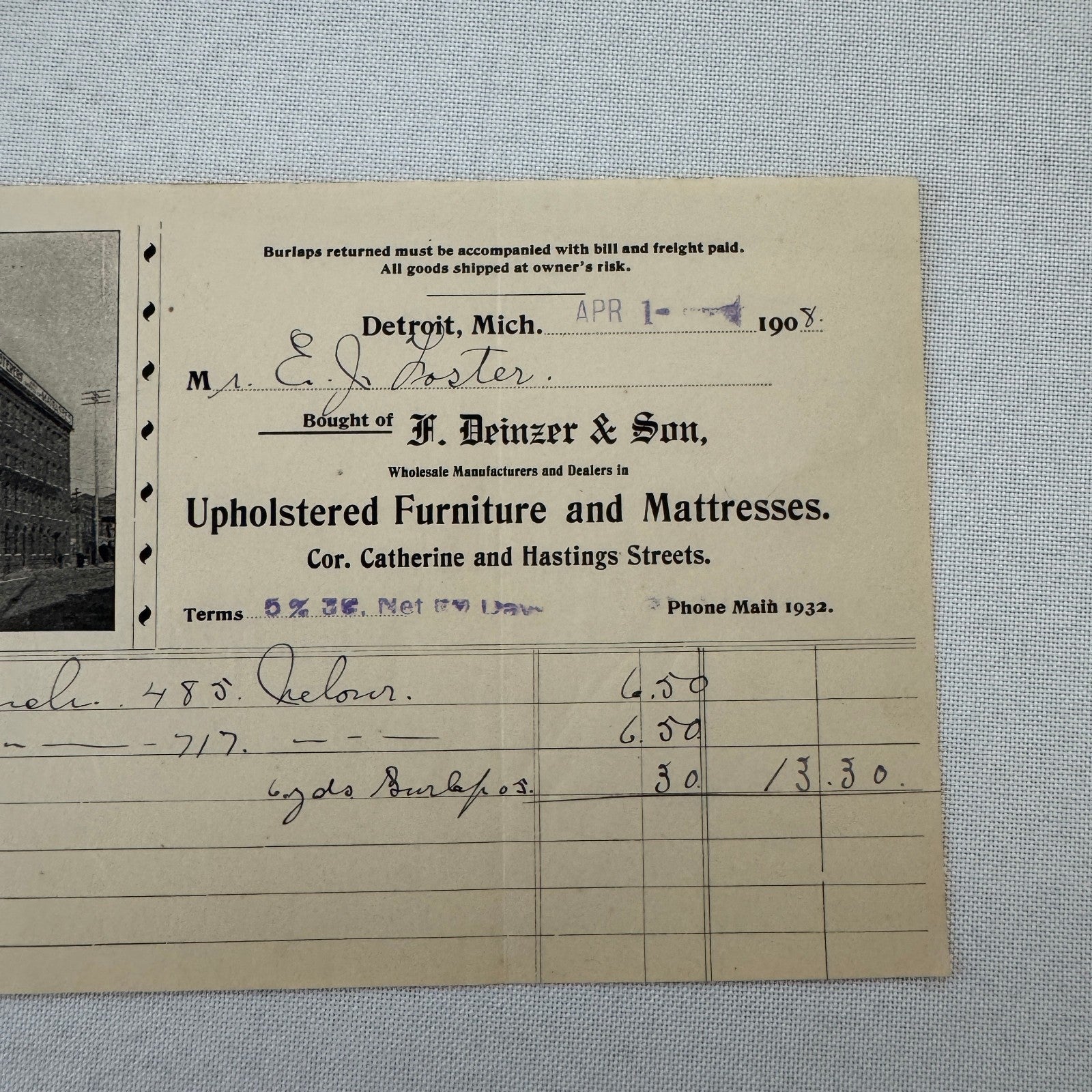 F Deinzer and Son Furniture Mattresses Invoice Receipt Document Lot 4x Detroit