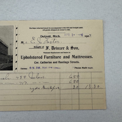 F Deinzer and Son Furniture Mattresses Invoice Receipt Document Lot 4x Detroit