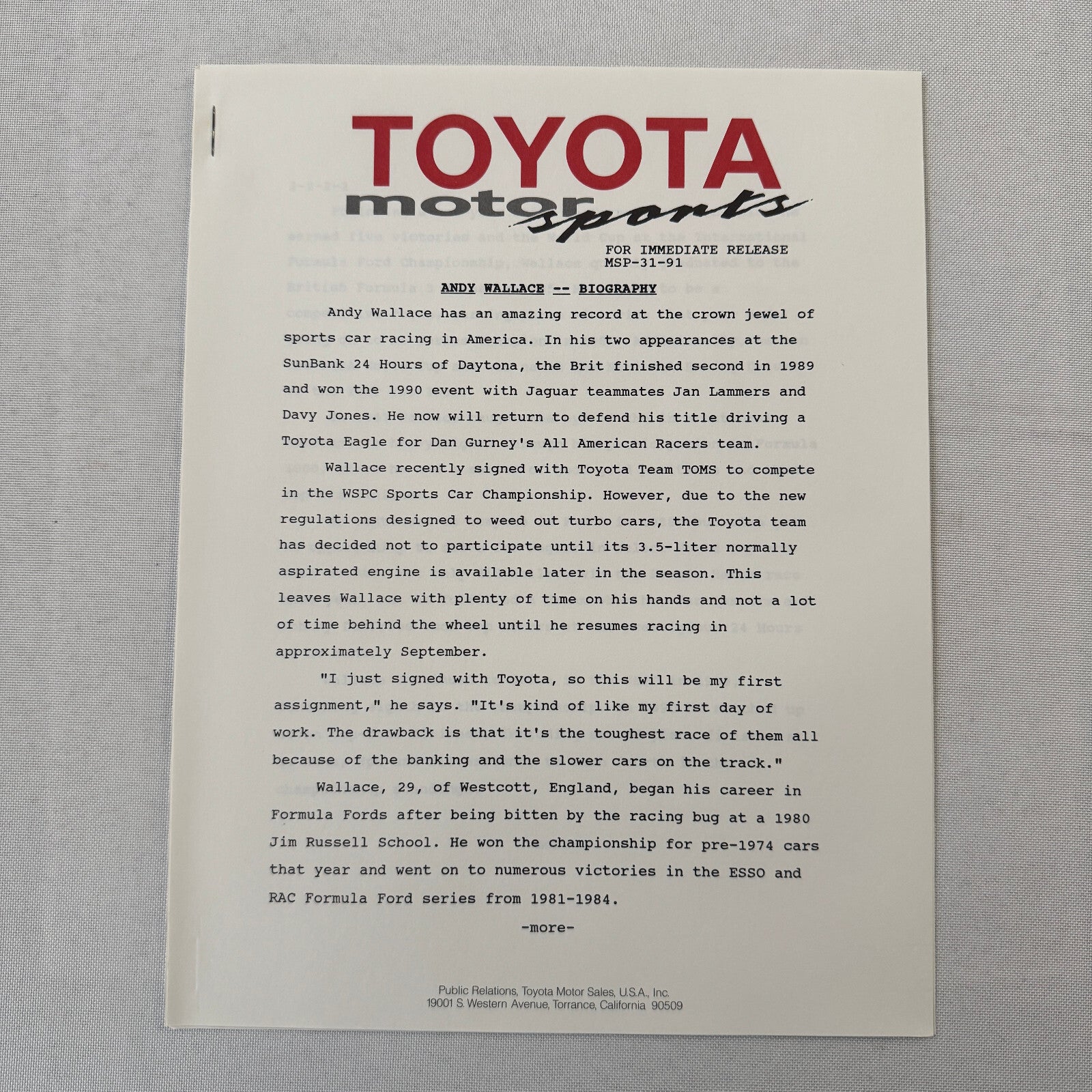 1991 Toyota Motorsport Racing Press Kit Dan Gurney Willy T Ribbs Fangio II