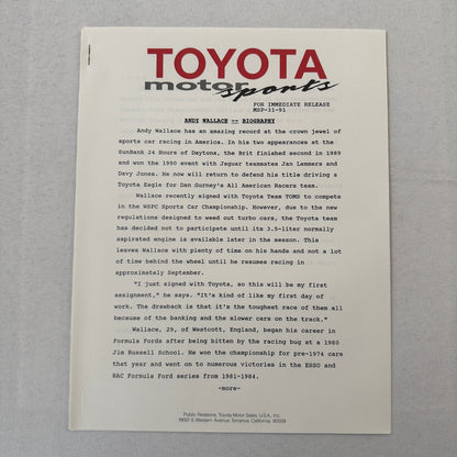 1991 Toyota Motorsport Racing Press Kit Dan Gurney Willy T Ribbs Fangio II