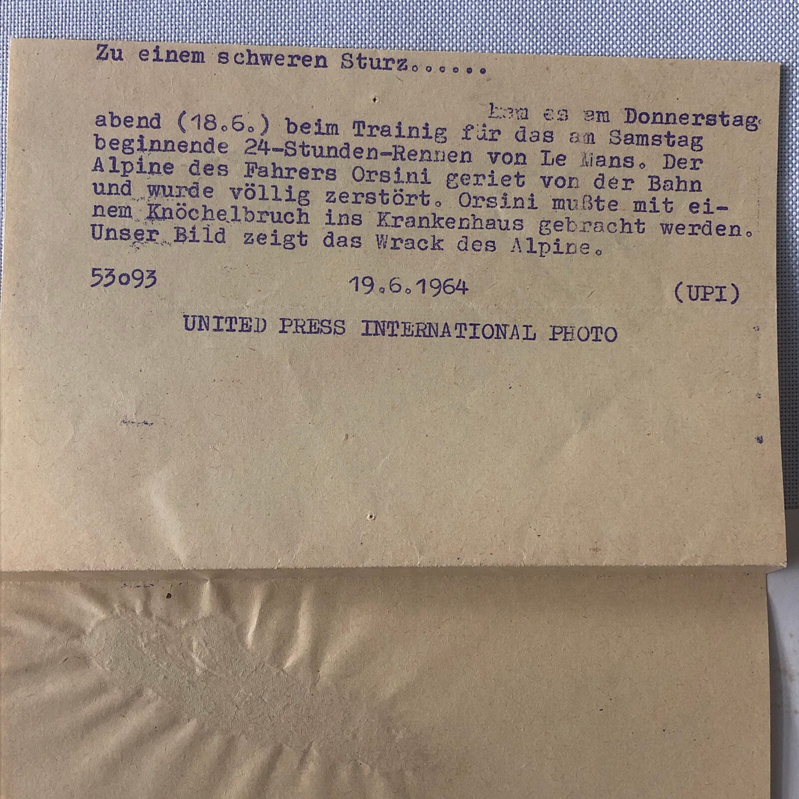 1964 24 Hours of LeMans Press Photo Photograph Renault Alpine Crash Orsini 