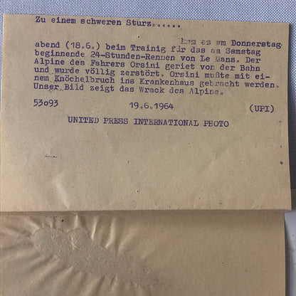 1964 24 Hours of LeMans Press Photo Photograph Renault Alpine Crash Orsini 