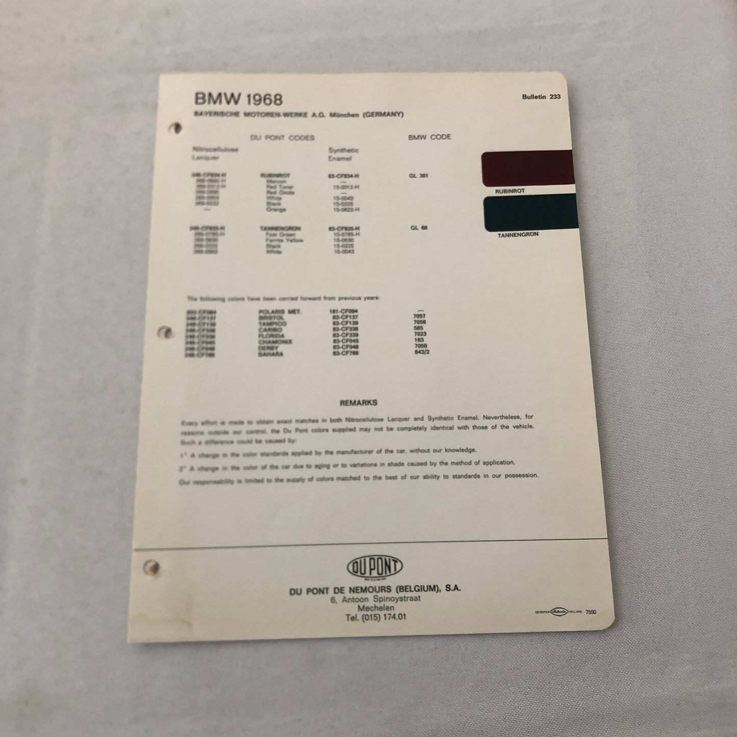 1968 BMW Car Dupont Paint Chip Color Sample Sheet Rubinrot Tannengrun