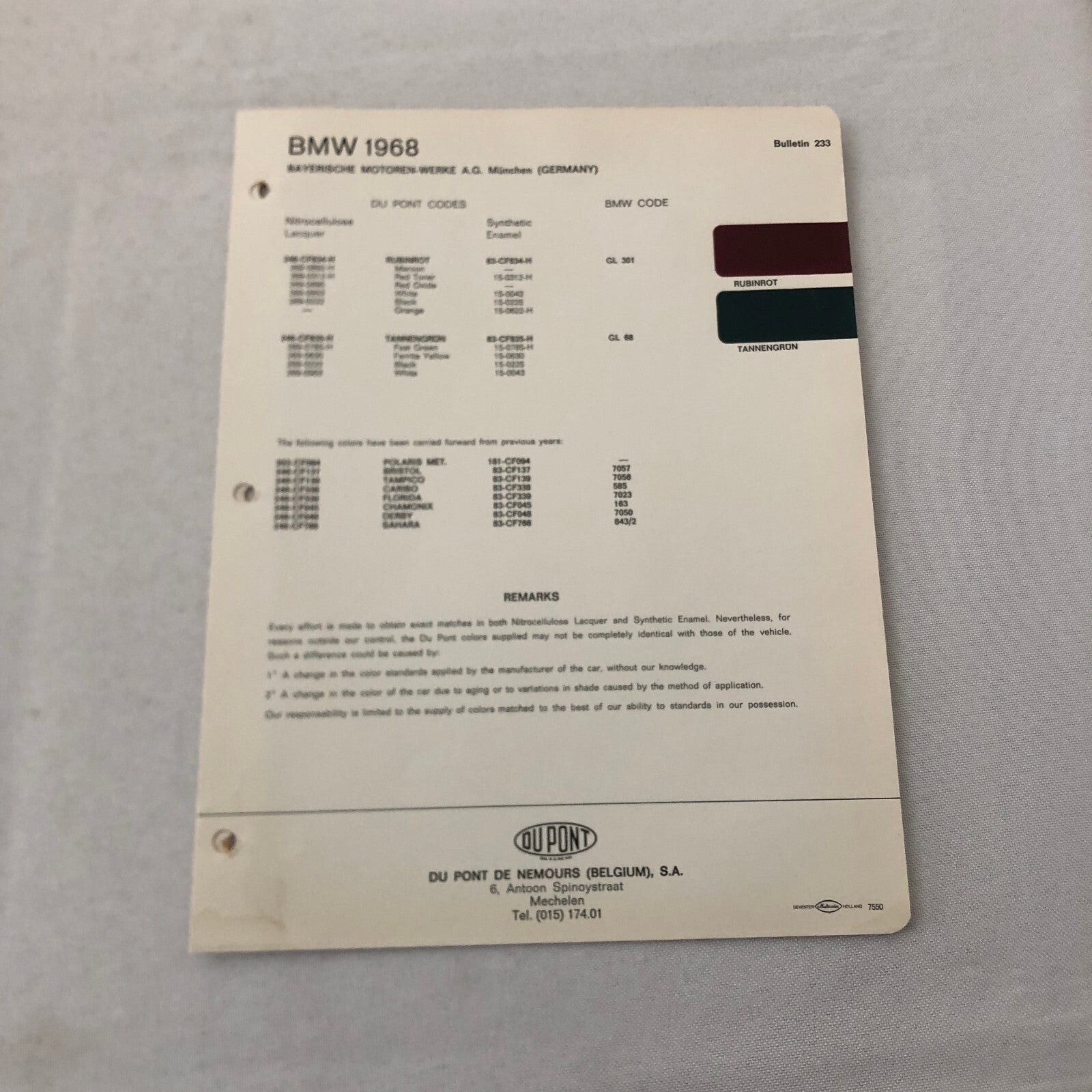 1968 BMW Car Dupont Paint Chip Color Sample Sheet Rubinrot Tannengrun