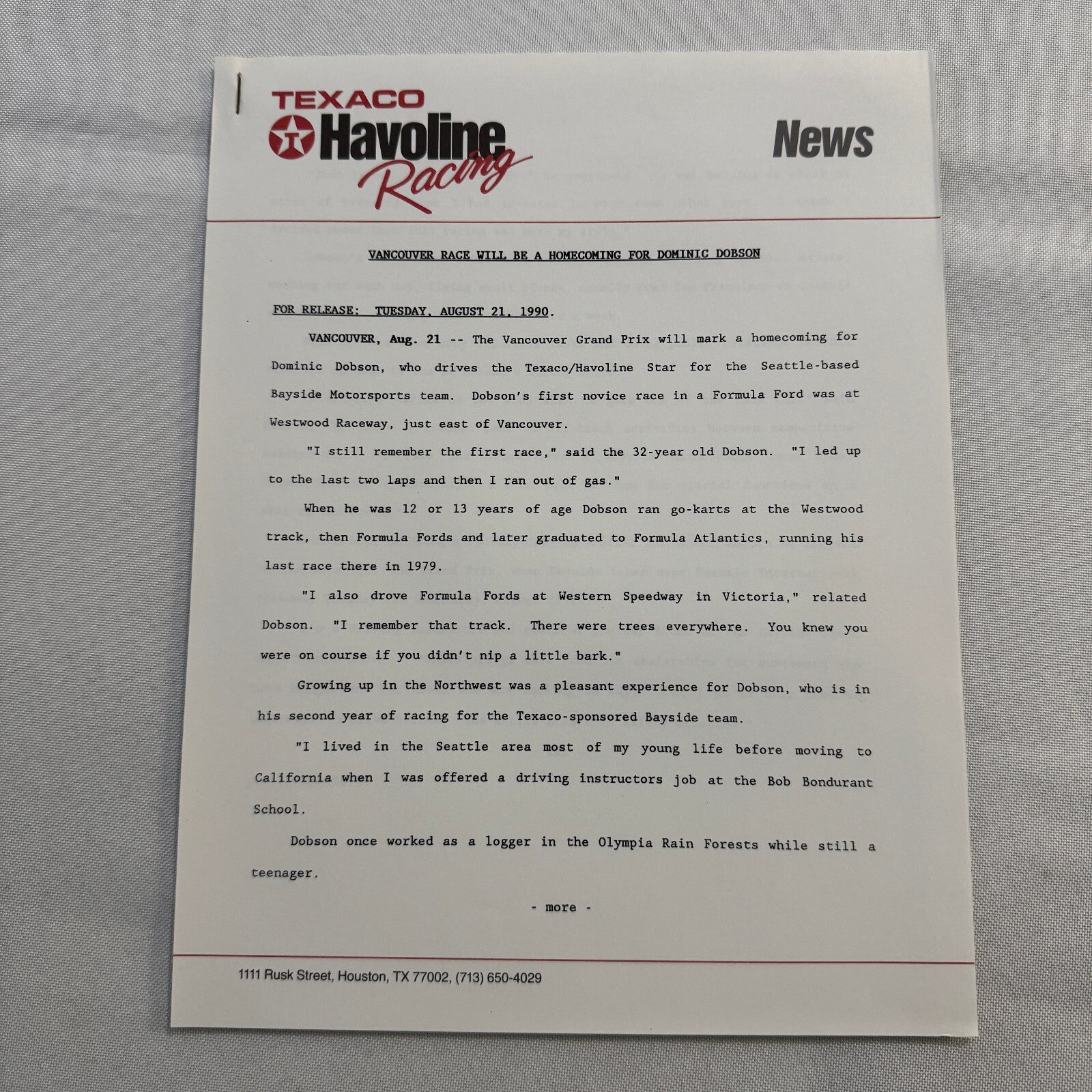 1990 Texaco Racing Team Indy CART Press Kit Brochure Photos Dominic Dobson