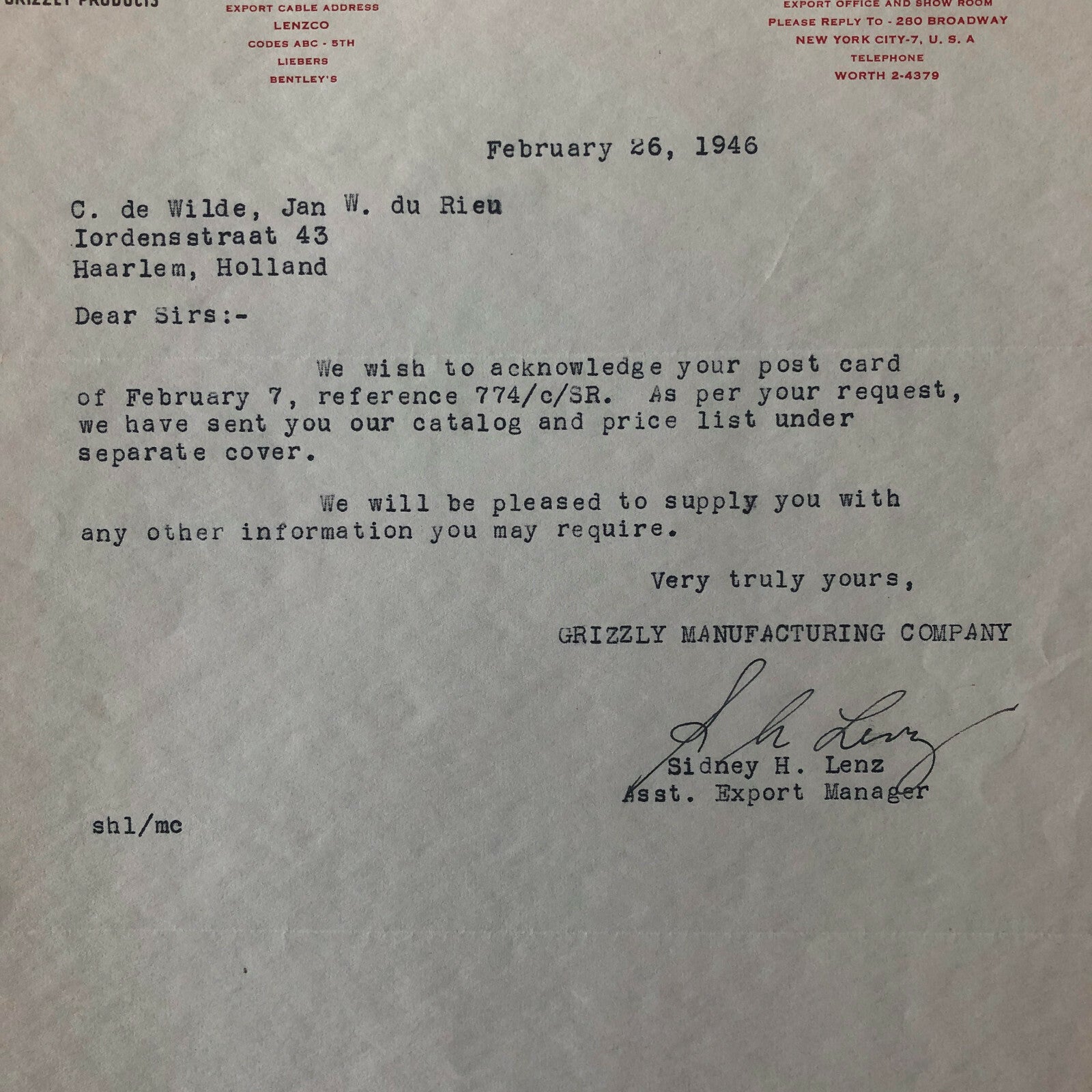 1946 Grizzly Manufacturing Company Letter Letterhead Bear Logo - Brake Lining 