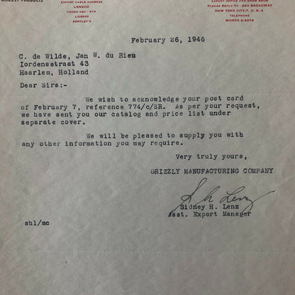 1946 Grizzly Manufacturing Company Letter Letterhead Bear Logo - Brake Lining 