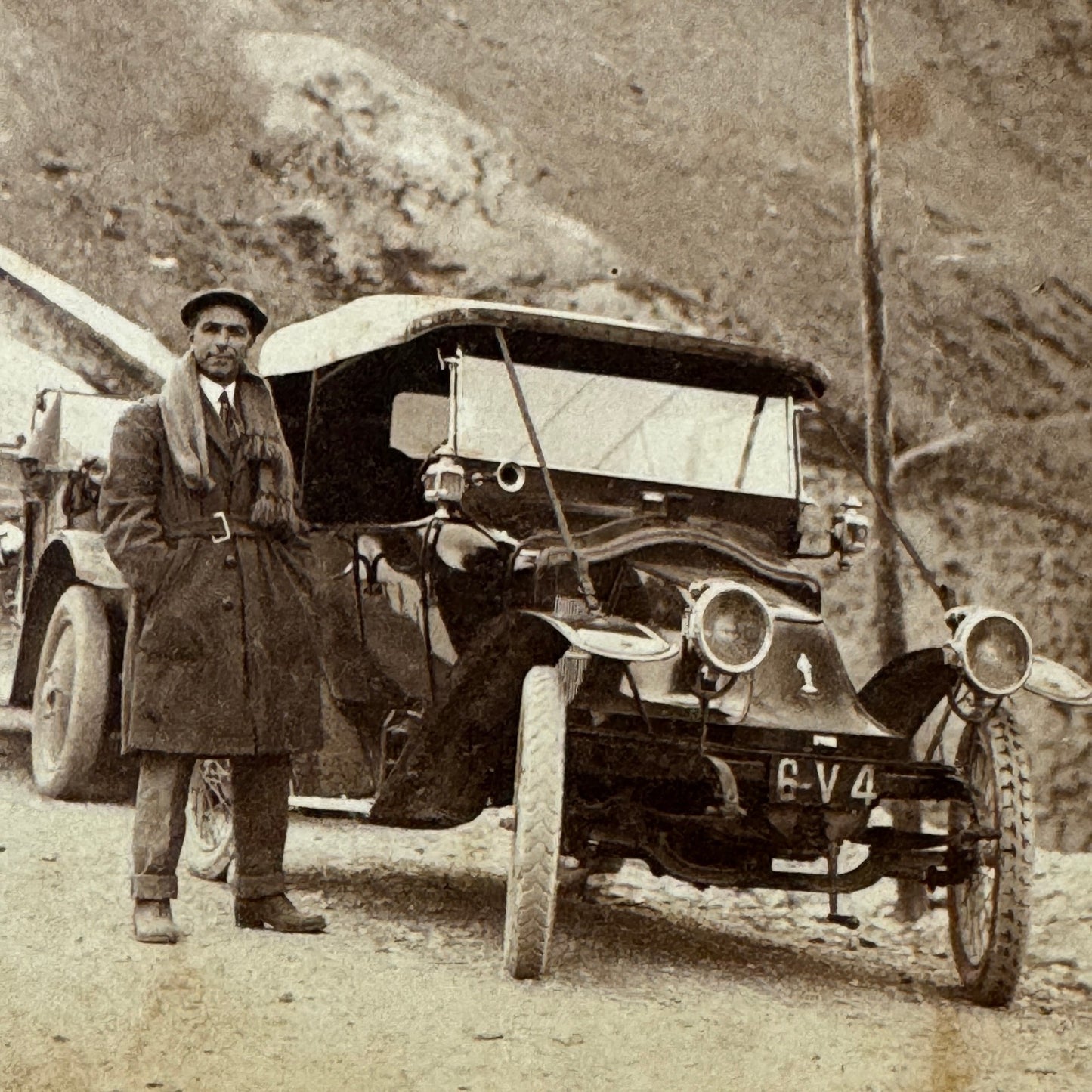 Vintage Photograph Man with Early Automobile Cars Mountain Great Image