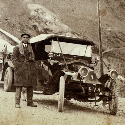 Vintage Photograph Man with Early Automobile Cars Mountain Great Image