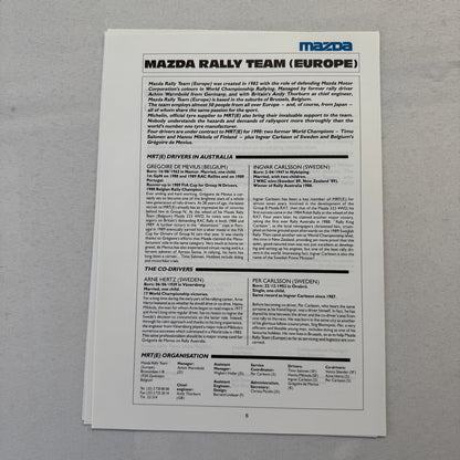 1990 Mazda Group A WRC Rally Rallye Racing Press Kit Brochure Mazda 323