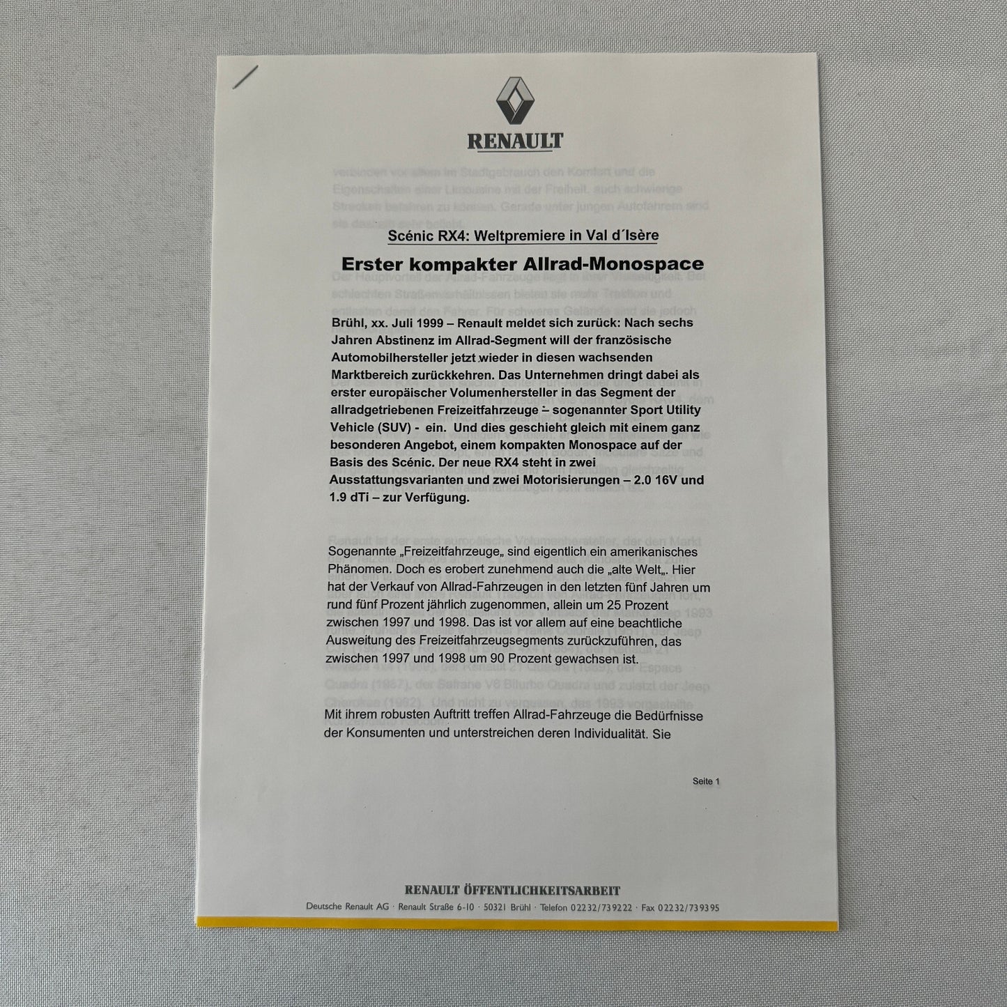 1999 Renault Scenic RX4 Car Press Kit Sales Brochure Photos