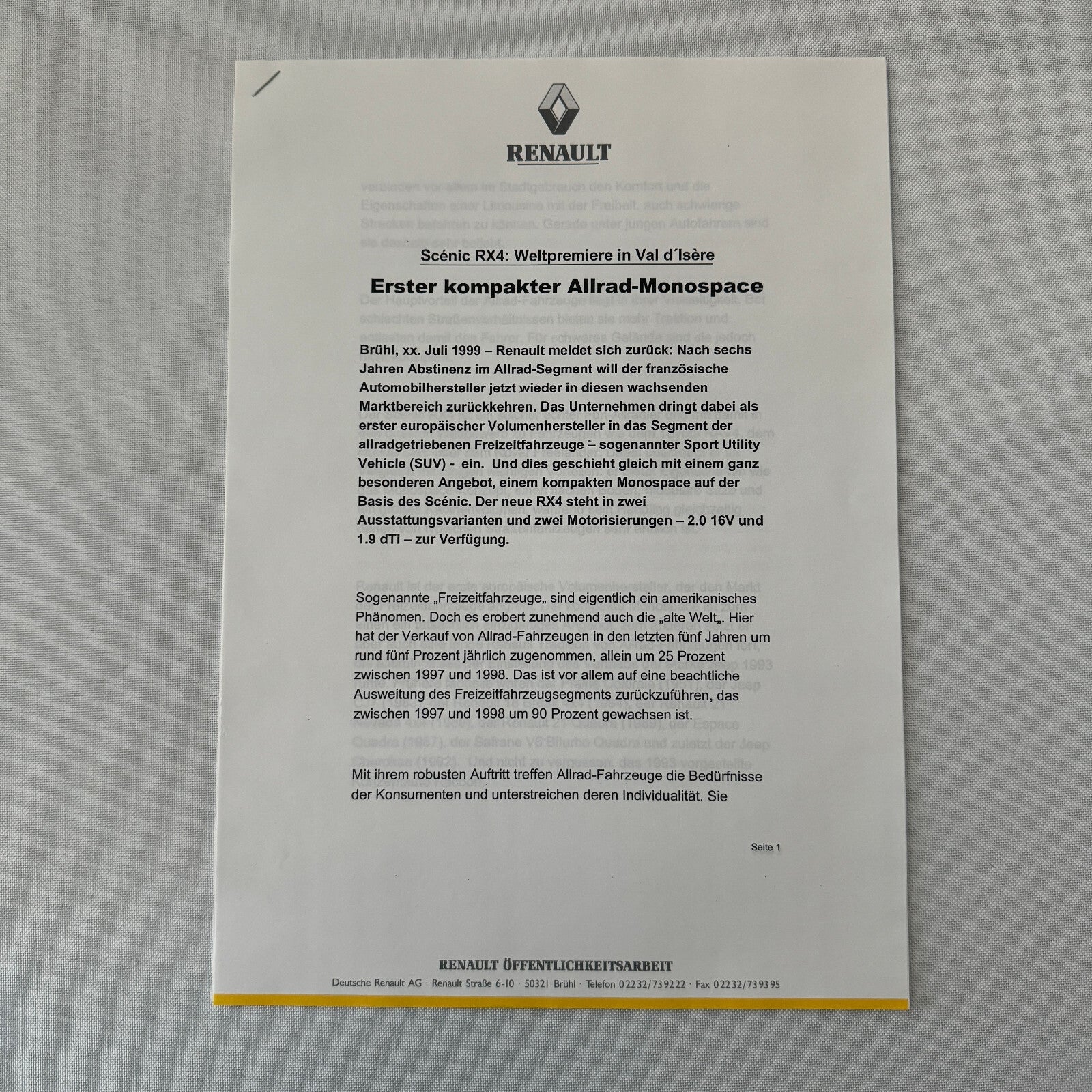 1999 Renault Scenic RX4 Car Press Kit Sales Brochure Photos