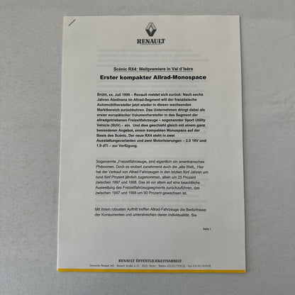 1999 Renault Scenic RX4 Car Press Kit Sales Brochure Photos