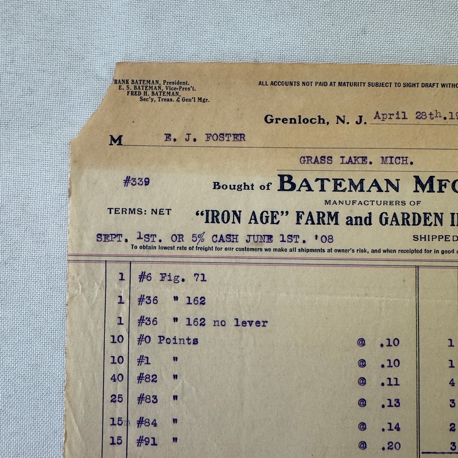 Bateman Manufacturing Receipt Letterhead Document Grenloch New Jersey 1908 Farm