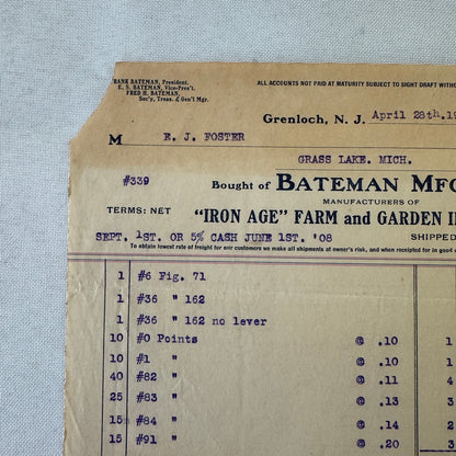 Bateman Manufacturing Receipt Letterhead Document Grenloch New Jersey 1908 Farm
