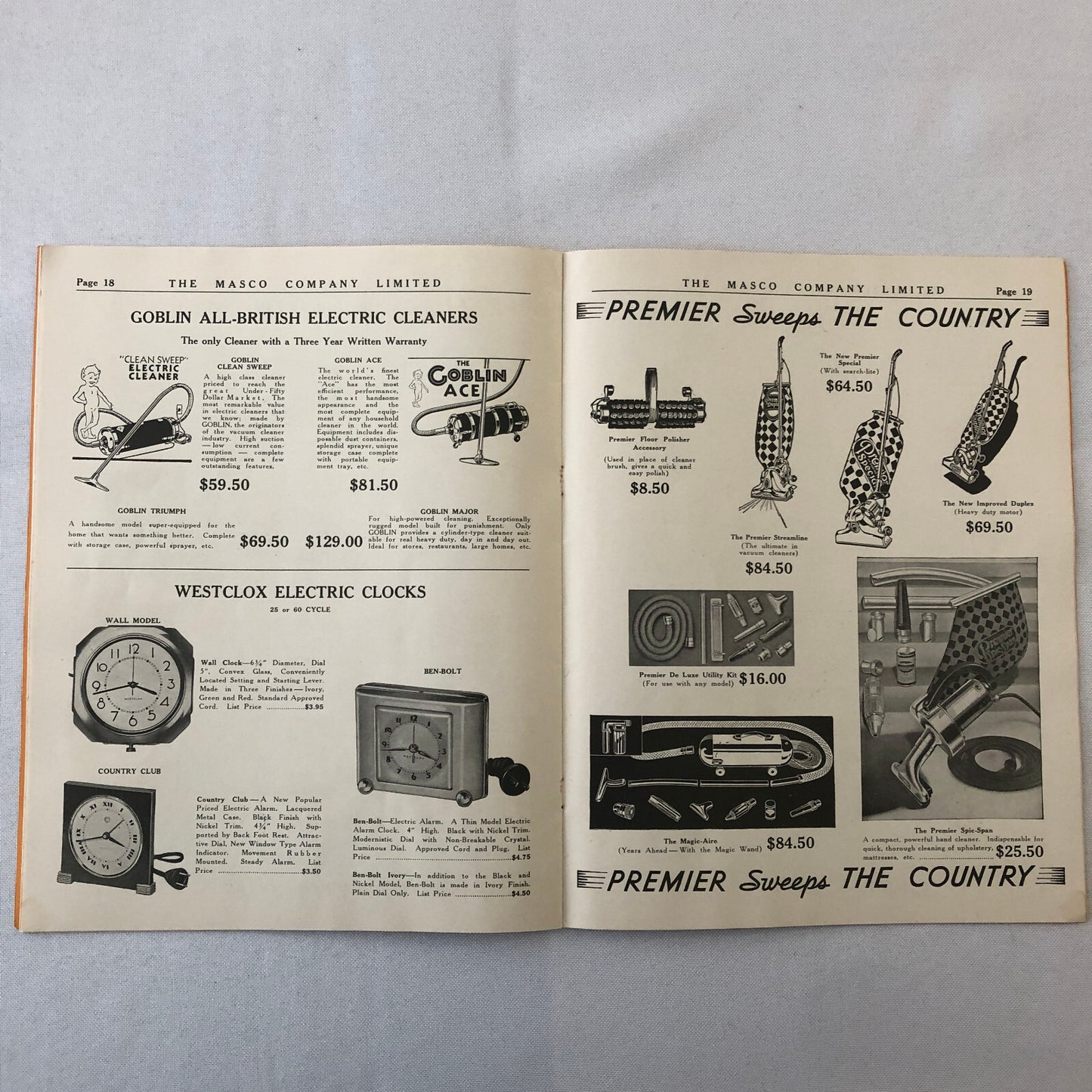 1936 1937 Masco Appliance Catalog Brochure Refrigerator Washing Maching Vacuum +