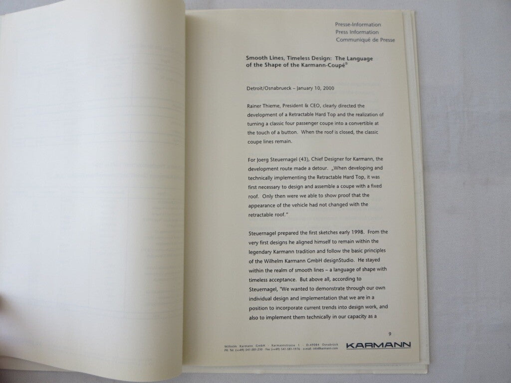 2000 Wilhelm KARMANN GmbH Karmann Coupe Convertible Press Kit Brochure 