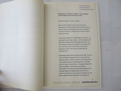 2000 Wilhelm KARMANN GmbH Karmann Coupe Convertible Press Kit Brochure 