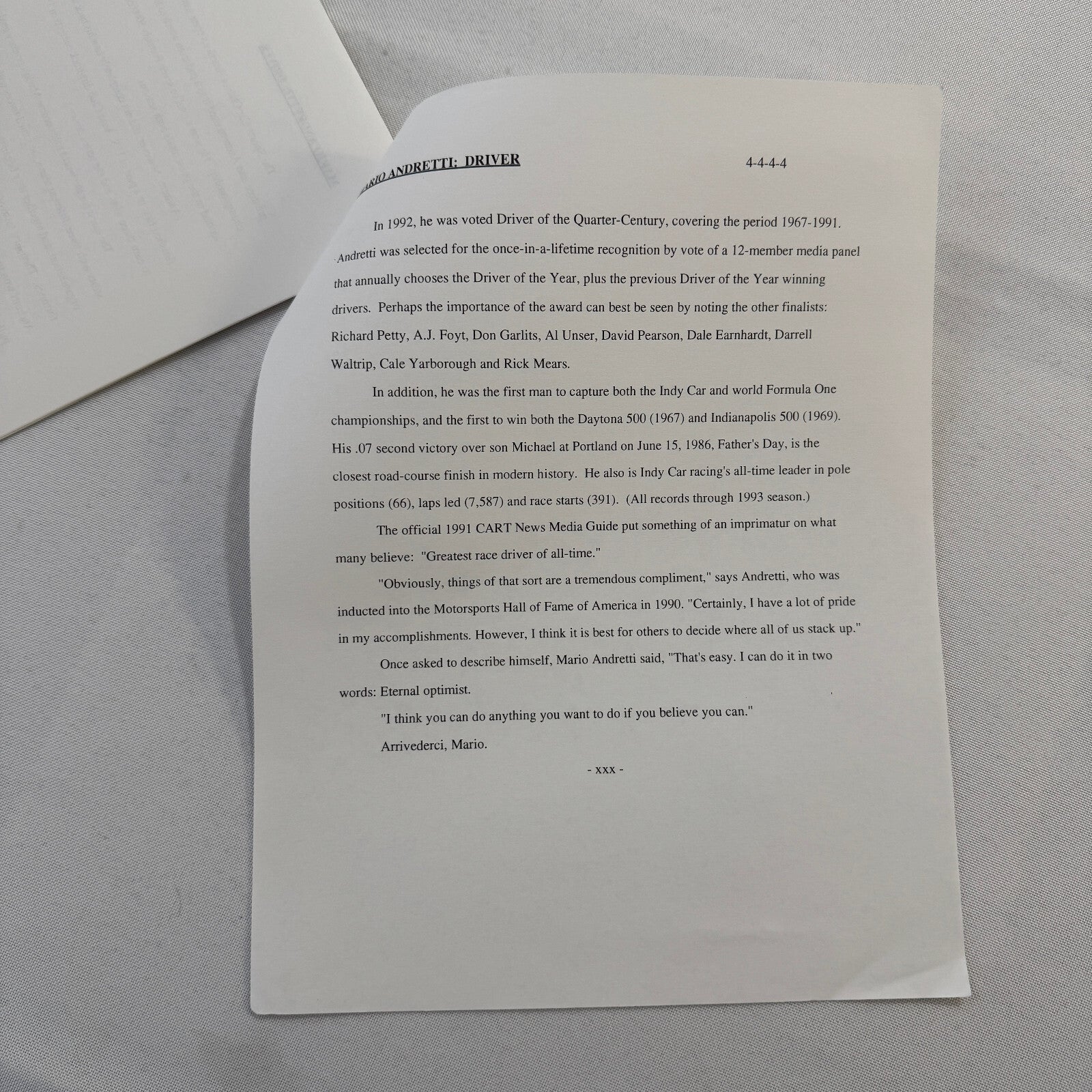 Mario Andretti 1993 PPG Indy Press Release Lot 2x KMart Texaco Havoline Racing